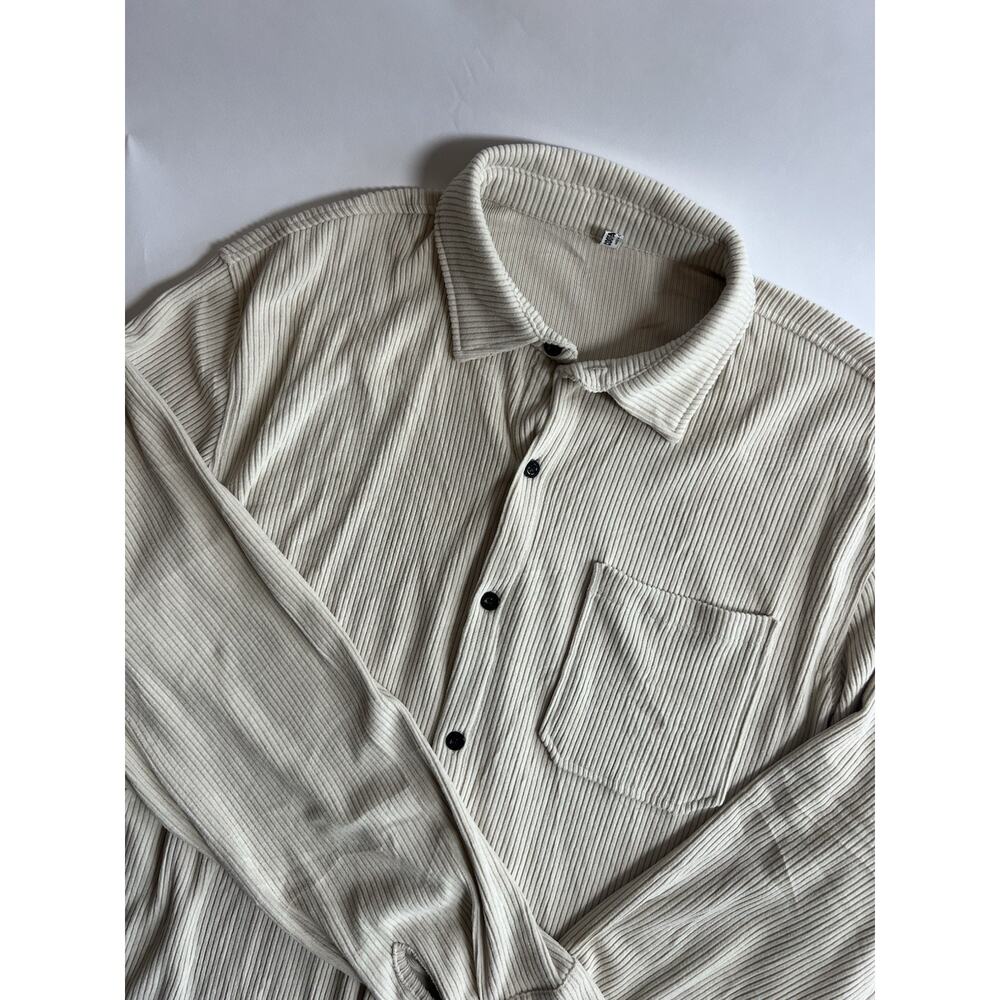 COOFANDY Men's Beige Ribbed Knit Button-Up Shirt Long Sleeve Collar Pocket‎ XL